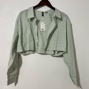 H&M Divided Green Plaid Button Down Crop Top NWT